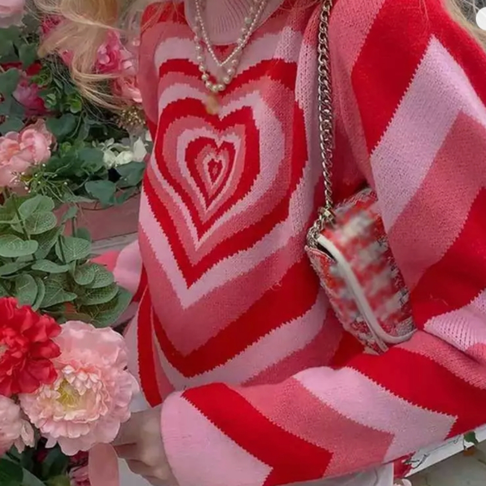 Love Heart Print Sweater Long Sleeve Oneck Knitted Pullover 🥰 ❤️ Pink Red